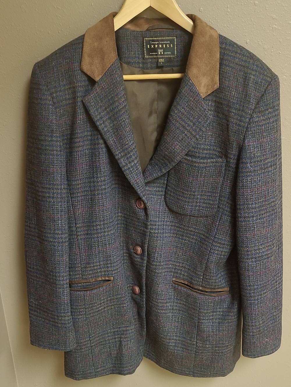 Vintage Express Blue-Gray Plaid Blazer with Brown Suede Collar